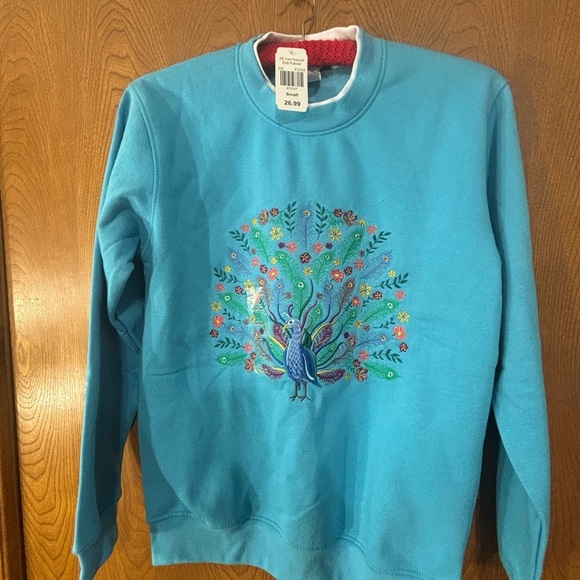 Vibrant Blue Sweatshirt with Peacock Embroidered Art - Picture 1 of 4